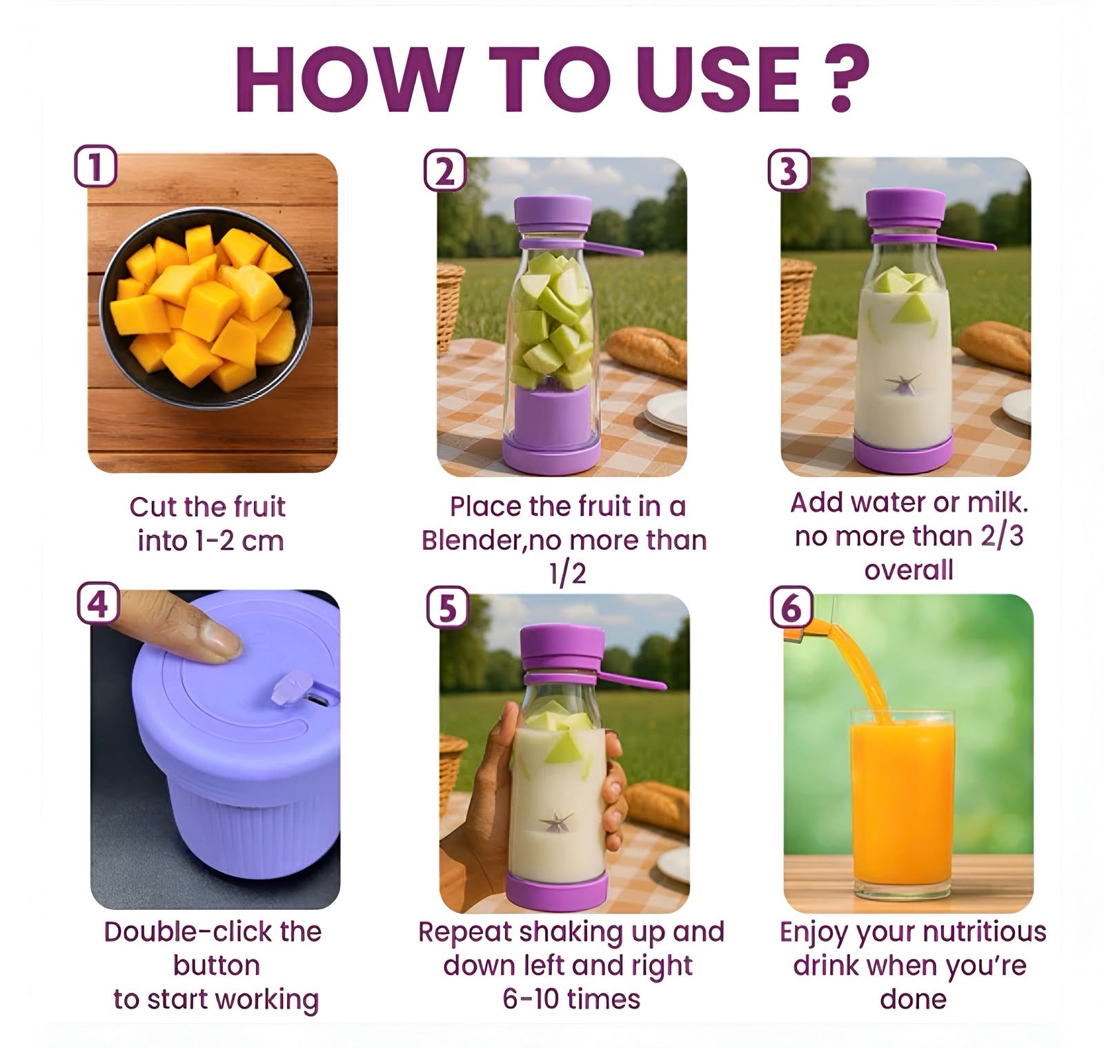 Portable Mini Blender – Rechargeable USB Juicer for Smoothies & Shakes